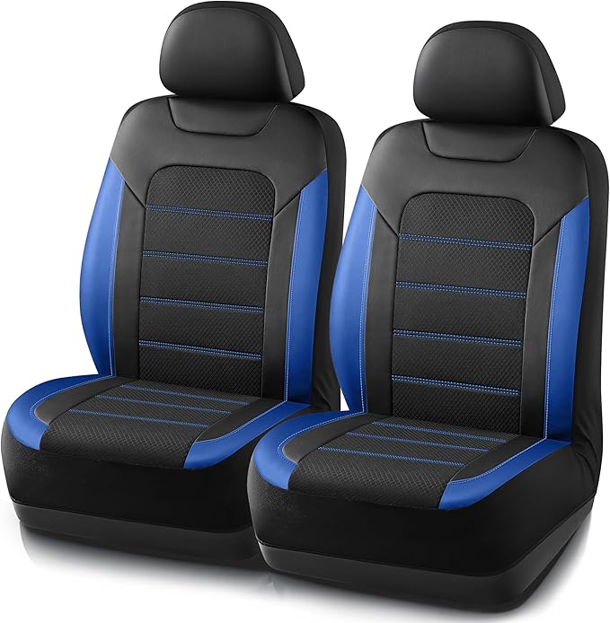 PIC AUTO Car Seat Covers, Premium Leather and Air Mesh Automotive Sports Seat Covers, Two Front Set, Airbag Compatible Universal Fits Most Cars, SUVs, Trucks and Vans (Black & Blue)