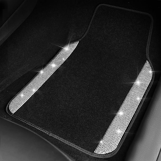 CAR PASS 3 Row Bling Diamond Car Mats Shining Carpet Rhinestones Sparkly Glitter Floor Mats Anti-Slip PVC Heel Pad Universal for Automotive SUV,Sedan,Van, 3rd Row 2 Rear for Girl Women, Black Silver