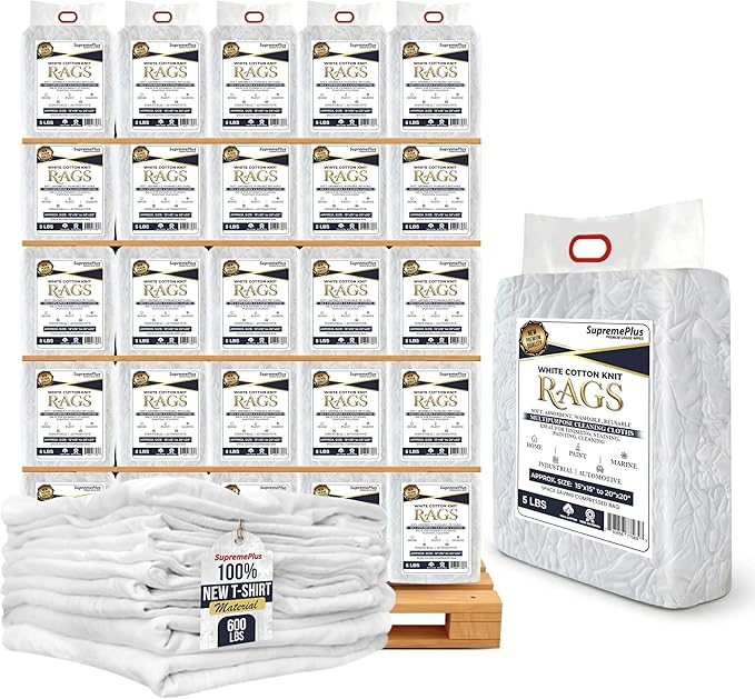 Premium New White Cotton Knit T-Shirt Rags (600 lbs. Pallet 120x5 lbs. Bag of Rags) - Lint-Free, Soft & Absorbent Bulk Cleaning Cloths for Auto, Paint, Garage, Staining & Polishing