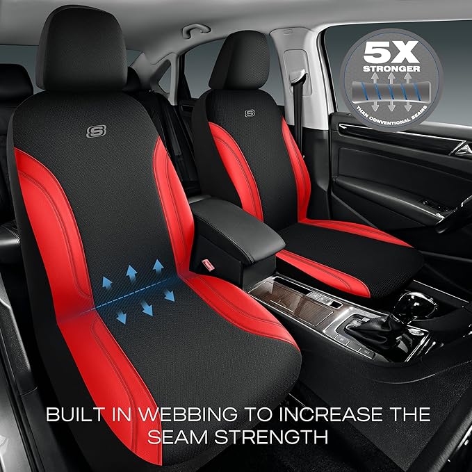 Skechers Car Seat Covers, Work Leather Seat Covers 5-Times Stronger Built-in Webbing, Oxford Fabric Seat Cover Full Sets, Airbag Compatible, Automotive Comfort for Cars, Trucks, SUVs,Red