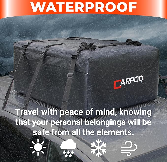 Car Rooftop Cargo Carrier Bag, 15 Cubic ft. 100% Waterproof Roof Bag & Zippers, for All Cars with/Without Racks, 10 Heavy Duty Straps 1.5” Wide, Heat Welded Seams, Roof Pad +Storage Bag +6 Door Hooks