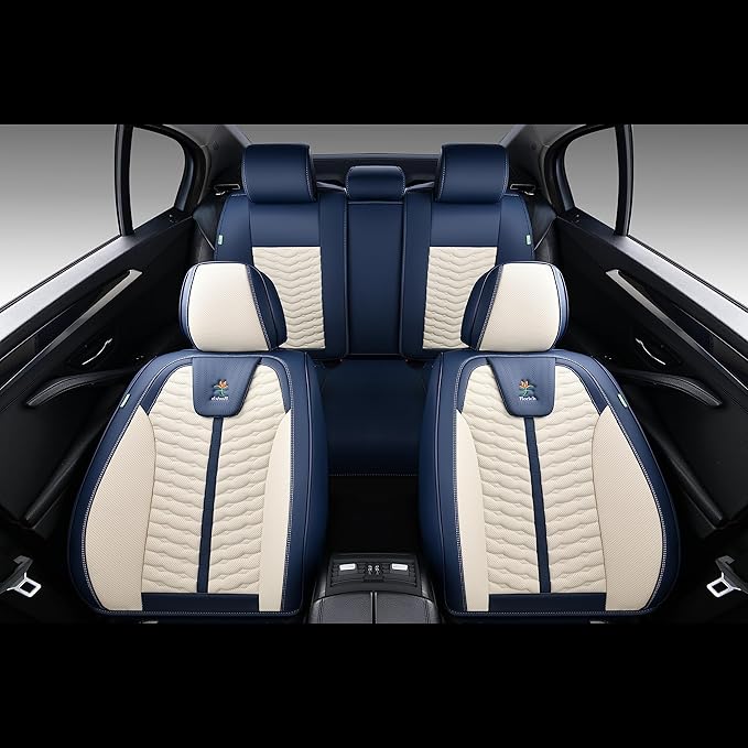 FLORICH Seat Covers for Cars, Seat Covers Full Set 5 Seats, Waterproof Leather Car Seat Covers, Front and Rear Seat Covers, Universal Seat Protector Accessories for Most Vehicles-Blue&White