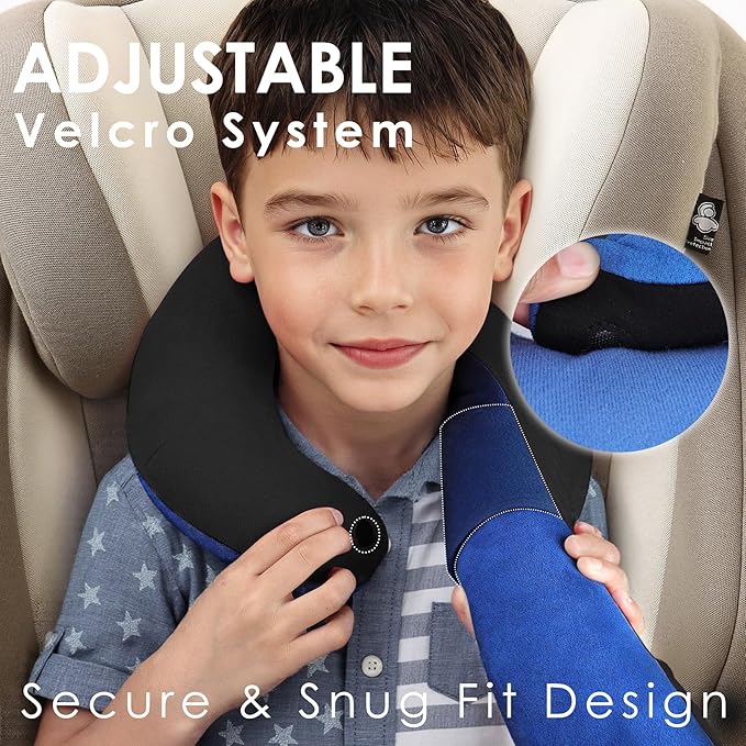 Kids Travel Neck Pillow, Toddler Travel Pillow for Car & Airplane and Head & Chin Support, Comfortably Travel Neck Pillow for Road Trip Sleeping, Gifts for Toddler/Child/Kids (Black & Light Blue)