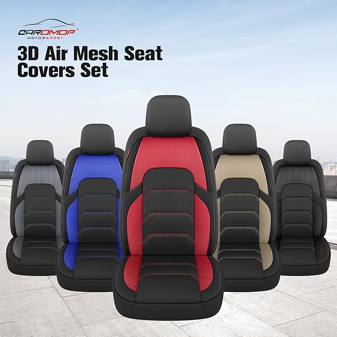 CAROMOP 3D Air Mesh Car Seat Covers Full Set,Breathable and Durable Seat Covers for Cars,Split Bench Compatible,Universal Fit for SUV,Vans,sedans, Trucks, Automotive Interior Covers(5-Seat Black/Red)