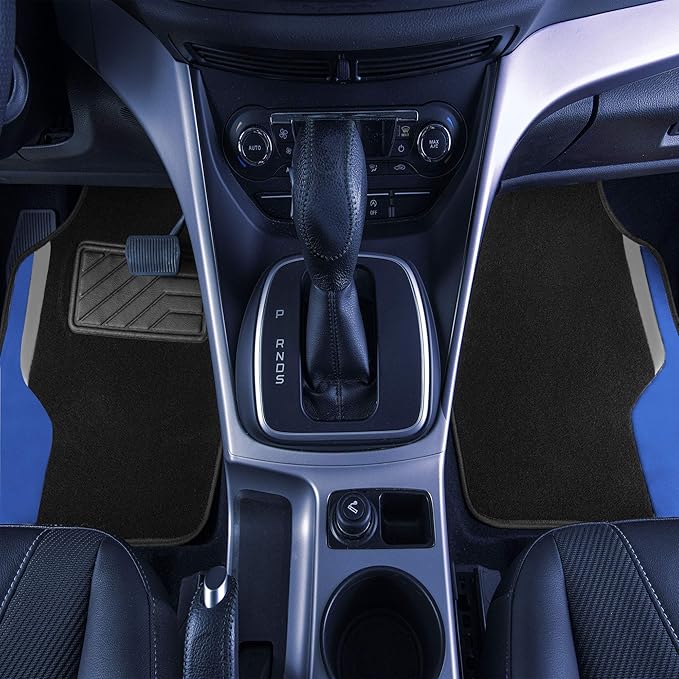 FH Group Color-Block Carpet Car Floor Mats – Non-Slip, Faux Leather Accents, Universal Fit for Sedan, SUV & Truck – Full Set Blue
