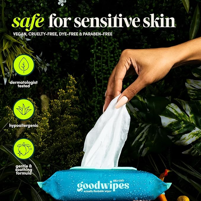 goodwipes Flushable Butt Wipes - Vitamin E & Aloe - Sewer & Septic Safe - Extra Large Adult Wet Wipes For Women & Men - Bathroom Essentials - Shea-Coco, 153 Count (3 Packs + 3 Individually Wrapped)