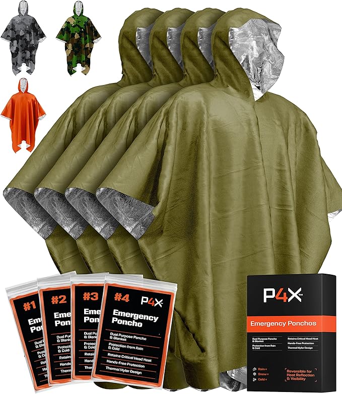 PREPARED4X Emergency Mylar Poncho – Survival Rain Poncho with Hood – Lightweight, Compact, Reusable Emergency Blanket Poncho for Hiking, Camping, Thermal Gear, Car Kit, Outdoors