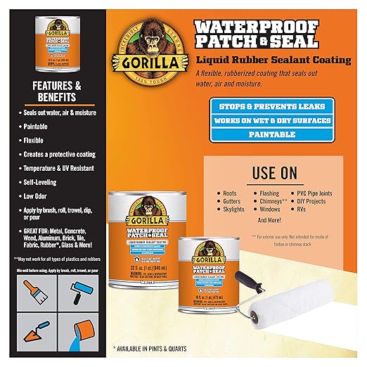 Gorilla Patch & Seal Liquid Rubber Waterproof Sealant, White, 32 Ounce (Pack of 1) - Seals Out Water, Air, and Moisture