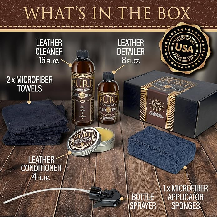 Leather Cleaner, Conditioner and Detailer Kit - Natural Beeswax Formula for Car Seat, Couch, Furniture, Purse, Boots & Jackets - Auto Interior Detailing Set - Made in USA (Combined Kit)