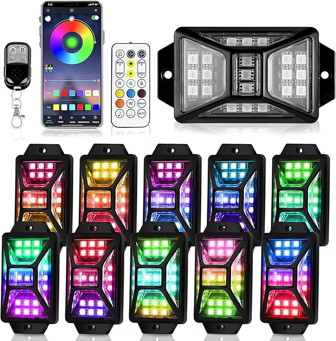10 Pods Full Angle RGB Rock Lights Compatible with 12V Trucks Jeep UTV SUV ATV Boat Golf Cart, Waterproof Multi-Color, App/Remote Control Led Rock Lights with Music Mode(Patented)