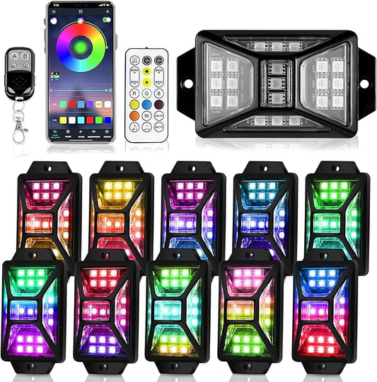10 Pods Full Angle RGB Rock Lights Compatible with 12V Trucks Jeep UTV SUV ATV Boat Golf Cart, Waterproof Multi-Color, App/Remote Control Led Rock Lights with Music Mode(Patented)