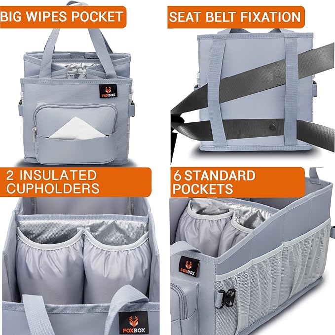 FoxBox Car Seat and Trunk Organizer, Front or Back Seat Storage - SUV Passenger Floor, Under or Between Seats Organization, Car Gifts for Men and Women (Grey)