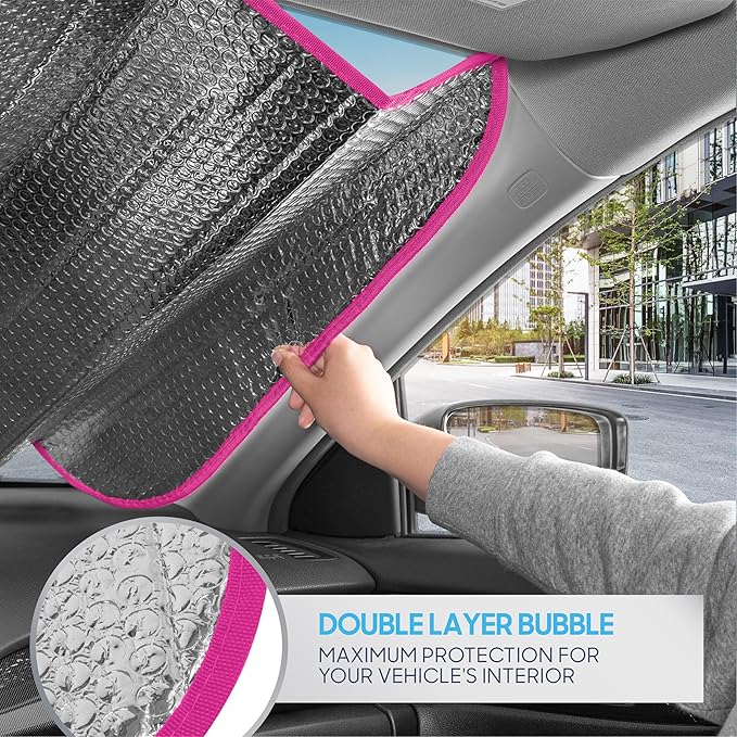 BDK Pink Flamingo Floatie Front Windshield Sunshade Accordion Folding Style Auto Shade for Car Truck SUV Van Blocks UV Rays Sun Visor Protector Easy Setup Keeps Your Vehicle Cool - 58 x 27 inches