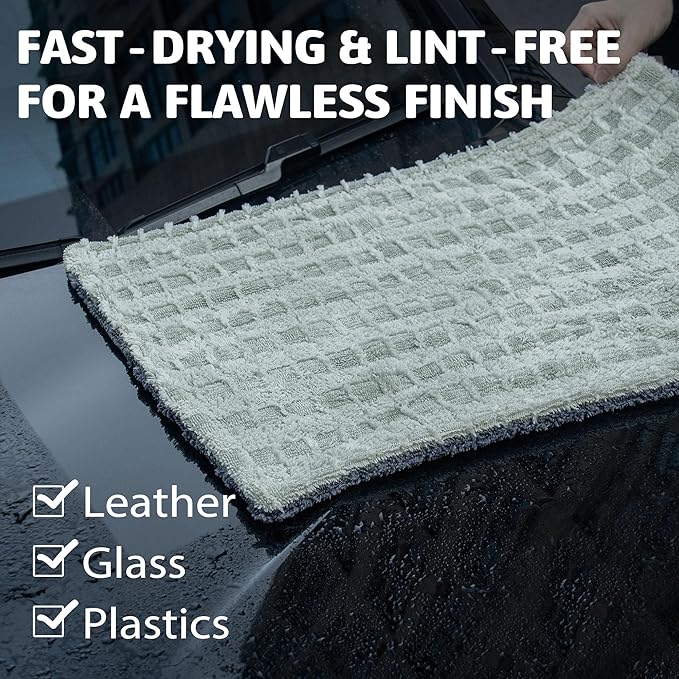 Greenfound Microfiber Towel for Cars, 1000GSM Car Drying Towel, Double Twist Pile & Edgeless Design, No Streaks, Scratches, or Water Spots, Soft and Absorbent, 18"×24", Check Silver&Grey