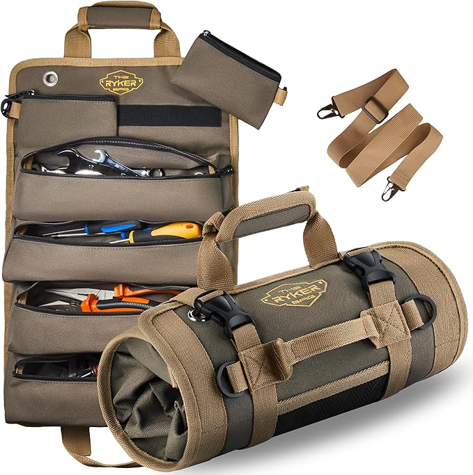 The Ryker Roll Up Tool Bag Organizer Gifts for Dad. Heavy Duty Motorcycle Tool Roll Bag Organizer. Portable Rollup Toolbag w/Detachable Pouches - Tools Bags Mens gifts for him - Mechanic & Electrician