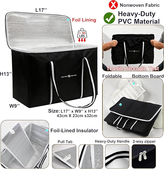 modscape Large Heavy Duty Insulated Grocery Bags–Delivery Bags with Hard Bottom Food Transport,Thermal Bags for Cold and hot Food, Collapsible Cooler for Shopping & Travel, Camping & Beach
