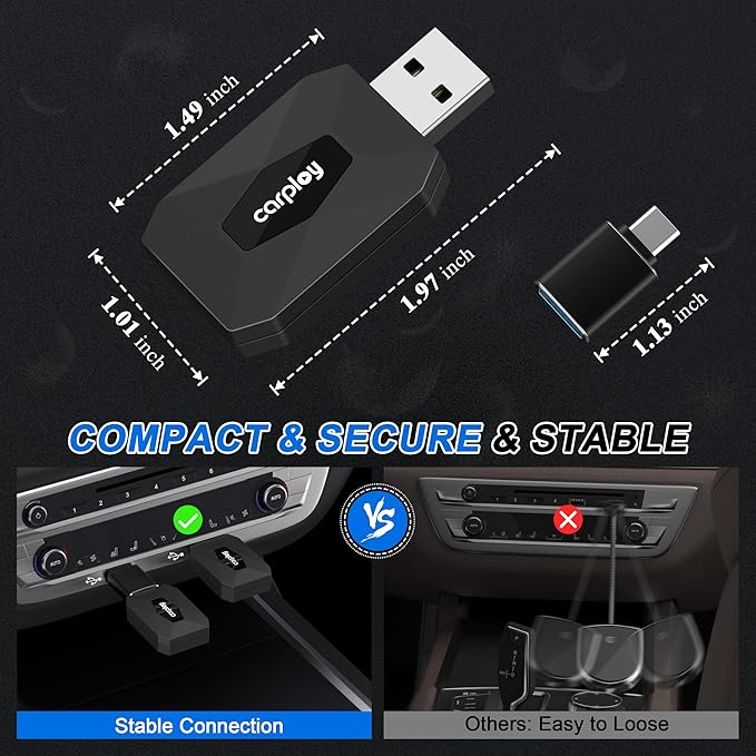 Wireless CarPlay Adapter for iPhone – Converts Wired to Wireless CarPlay for Android Auto with Fast Stable 5.8GHz & Bluetooth Connect & Plug and Play USB & USB-C – No Delay Apple CarPlay, Black