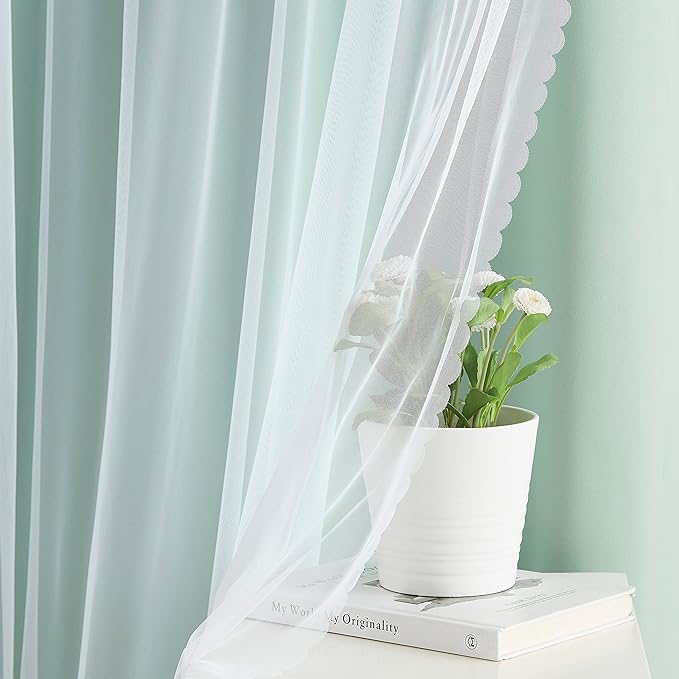 Bujasso Aqua 80% Blackout Curtains with Sheer Overlay Mix and Match Double Layer Thermal Insulated Window Panels 95 inch for Living Room Bedroom Mint Green Drapes with Tiebacks Grommet Top 37"Wx95"Lx2