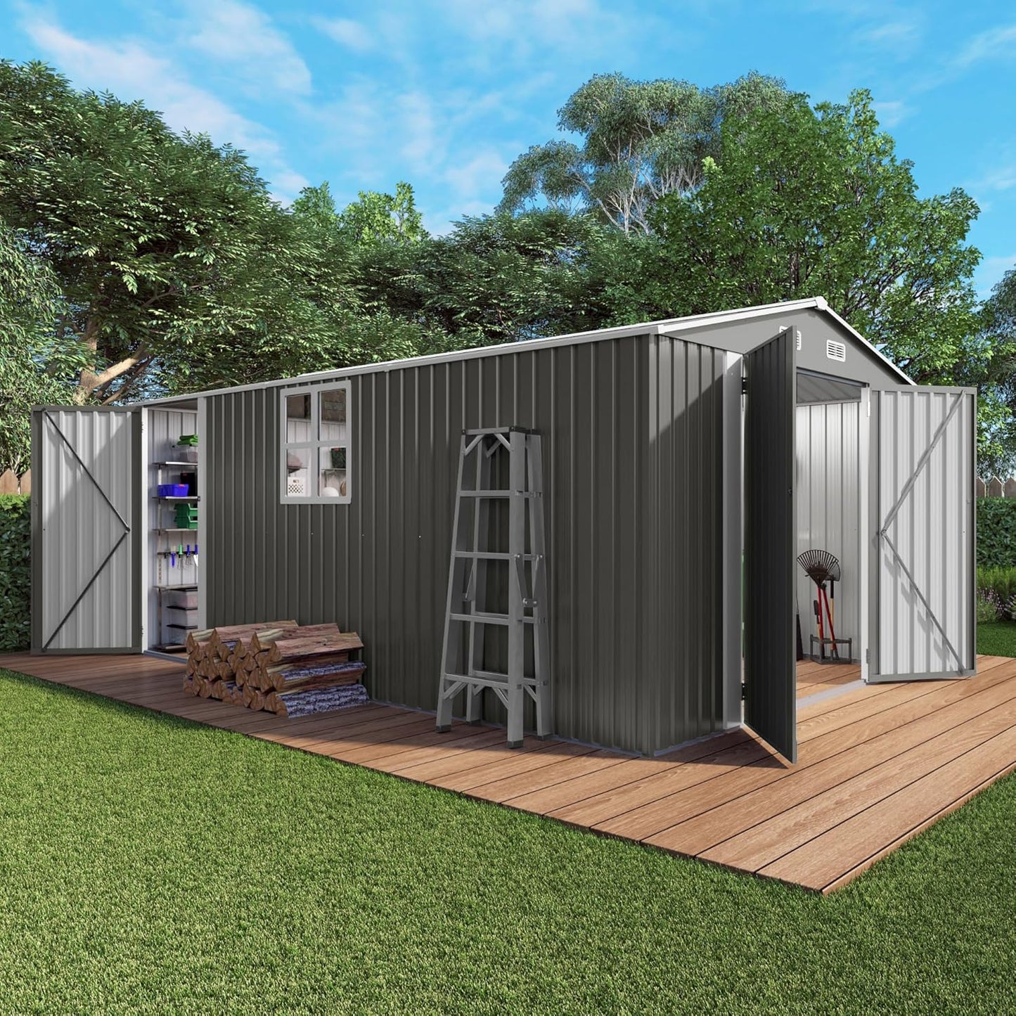 10x14x6.7FT Outdoor Storage Shed, Galvanized Steel Garden Shed with Lockable Door & Window, Waterproof Metal Tool Storage for Garden, Backyard, Patio, Lawn(Grey)