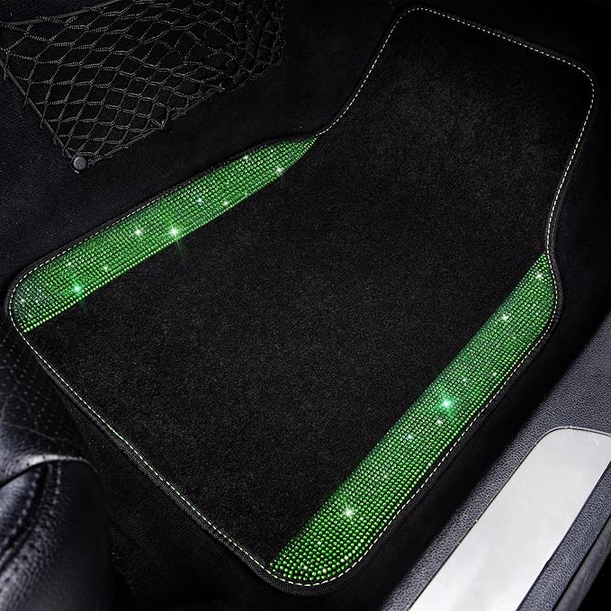 CAR PASS Shining Rhinestones Carpet, Bling Crystal Diamond Sparkly Glitter Car Floor Mats with Anti-Slip PVC Heel Pad Automotive Universal for SUV,Sedan,Car,Van,4pcs for Girl Women Green Diamond