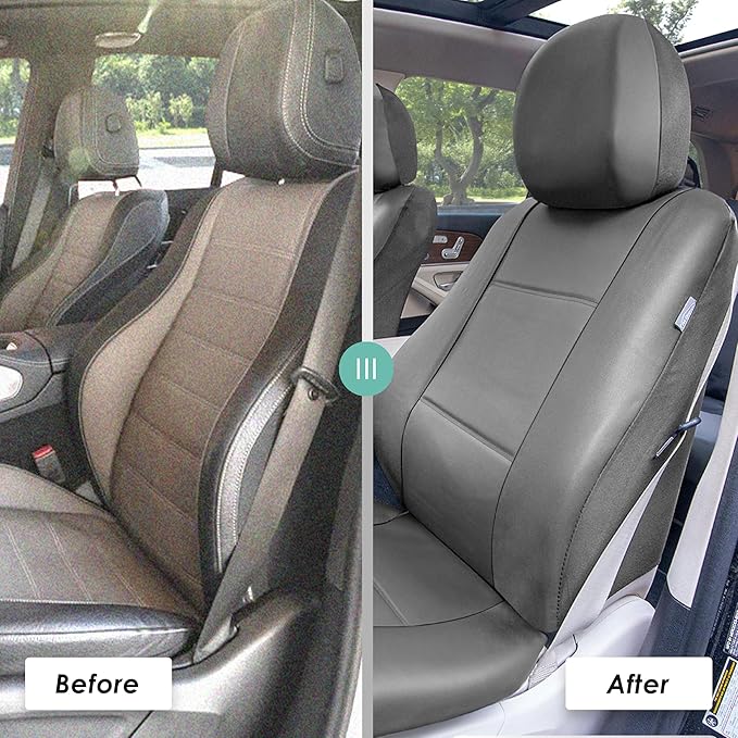FH Group Classic PU Leather Pair Set Car Seat Covers, Airbag Compatible with Gift - Universal Fit for Cars Trucks & SUVs (Solid Gray) PU002102