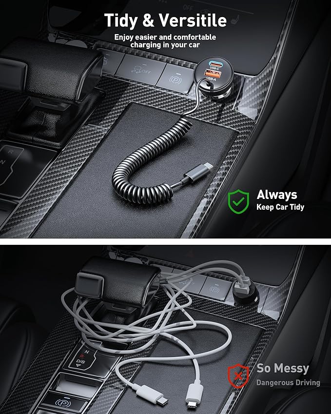 iPhone 17e 17 16 15 Pro Max Car Charger Fast Charging, 3-Port 90W Fast USB C Car Charger Adapter Cigarette Lighter with 4FT Coiled USB C Cable for iPhone 17e/17/17 Pro Max/Air/16/15 Pro/Plus, iPad
