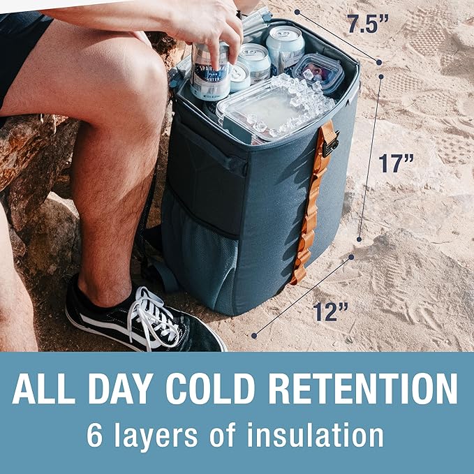 CleverMade Collapsible Backpack Cooler, 24 Can Insulated Backpack Cooler, Soft Sided Cooler Back Pack for Travel, Beach Cooler, Leakproof, Folds Flat - Ocean Cognac