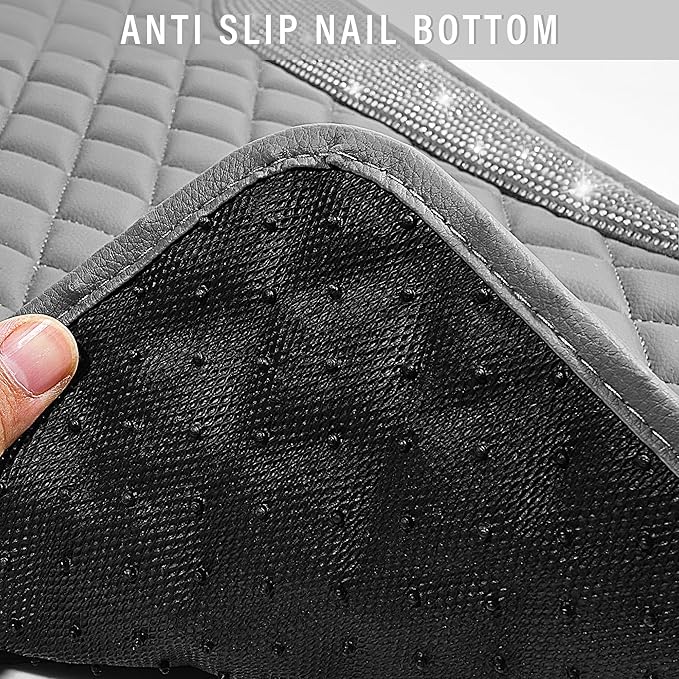CAR PASS Bling Diamond Car Mats Gray Leather Floor Mats Sparkly Glitter Crystal Shining Rhinestone Carpet Anti-Slip Waterproof Pad Universal Fit for Automotive SUV Sedan Van 5pcs for Girl Women Gray