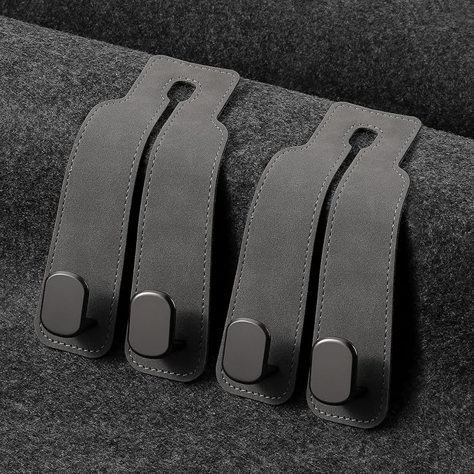 KINIVA Car Seat Headrest Storage Hooks, Set of 2, Suede PU Leather, Double Hooks (Grey)