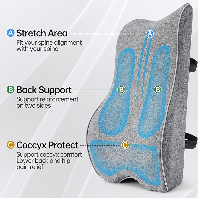 Lumbar Support Pillow for Office Chair, Back Support Pillow with Memory Foam, Relieves Back Pain, Removable Washable Cover & Adjustable Strap, for Car/Gaming Chair,Gift-Grey