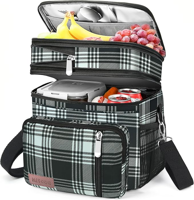 MIYCOO Lunch Bag & Lunch Box for Women Men, Double Deck Leakproof Insulated Soft Large Adult Camping Cooler bag for Work, Beach, Picnic, Travel (Checkered Black and White, 15L)
