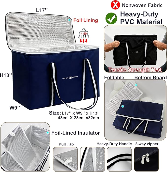 modscape Large Heavy Duty Insulated Grocery Bags–Delivery Bags with Hard Bottom Food Transport,Thermal Bags for Cold and hot Food, Collapsible Cooler for Shopping & Travel, Camping & Beach