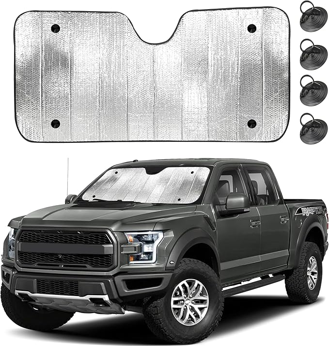 EcoNour Accordion Truck Windshield Sun Shade | Foldable Sun Visor with 4 Suction Cups | Reflective Automotive Windshield Shade Blocks UV Rays&Heat |Window Sun Blocker for Cool Interior - 66" x 31"