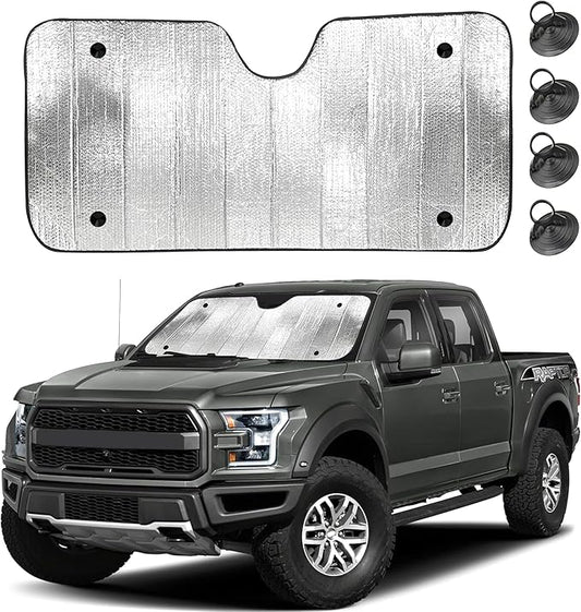 EcoNour Accordion Truck Windshield Sun Shade | Foldable Sun Visor with 4 Suction Cups | Reflective Automotive Windshield Shade Blocks UV Rays&Heat |Window Sun Blocker for Cool Interior - 66" x 31"