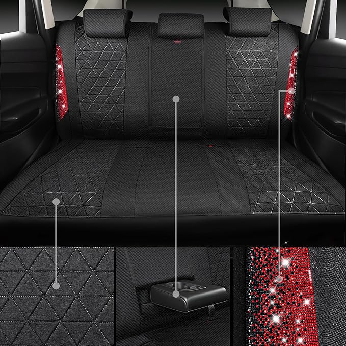 CAR PASS Oxford Bling Diamond Car Seat Covers Full Set Interior Sets, Waterproof Shining Glitter Sparkly Crystal Universal Armrest Fit 95% Automotive Truck SUV Cute Women Girl, Black Red Rhinestone