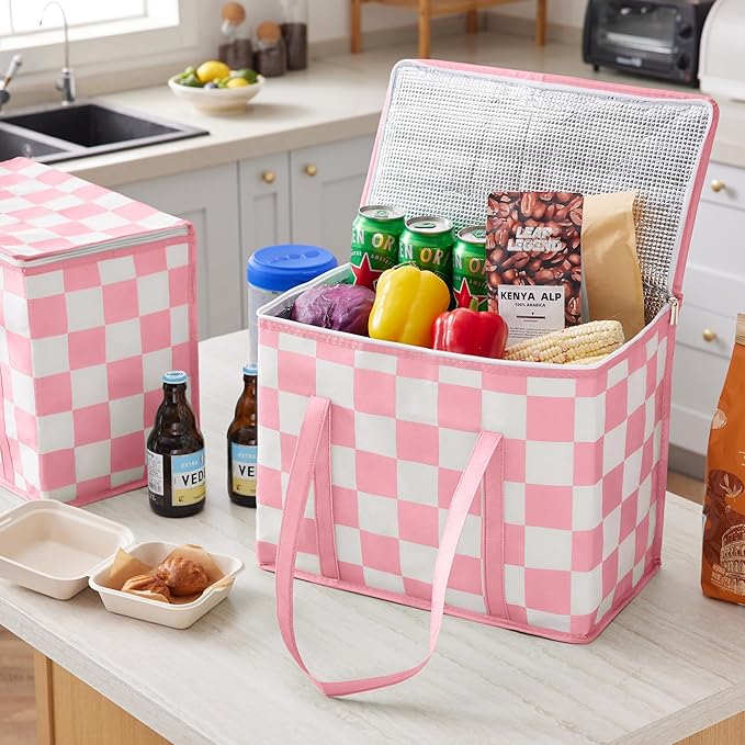 Checkered Insulated Grocery Bags 2 Pack, Checkerboard Cooler Shopping Bags for Groceries, Insulated Bags for Food Delivery