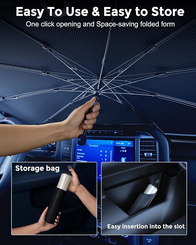 [2026 Upgraded] Weektic Truck Windshield Sun Shade for F-150/Silverado/Tundra/RAM 1500/Sierra - 5 Layers Ice Crystal Coating Blocks 99% UV, Cools Interior | 360° Swivel Handle for Easy Use