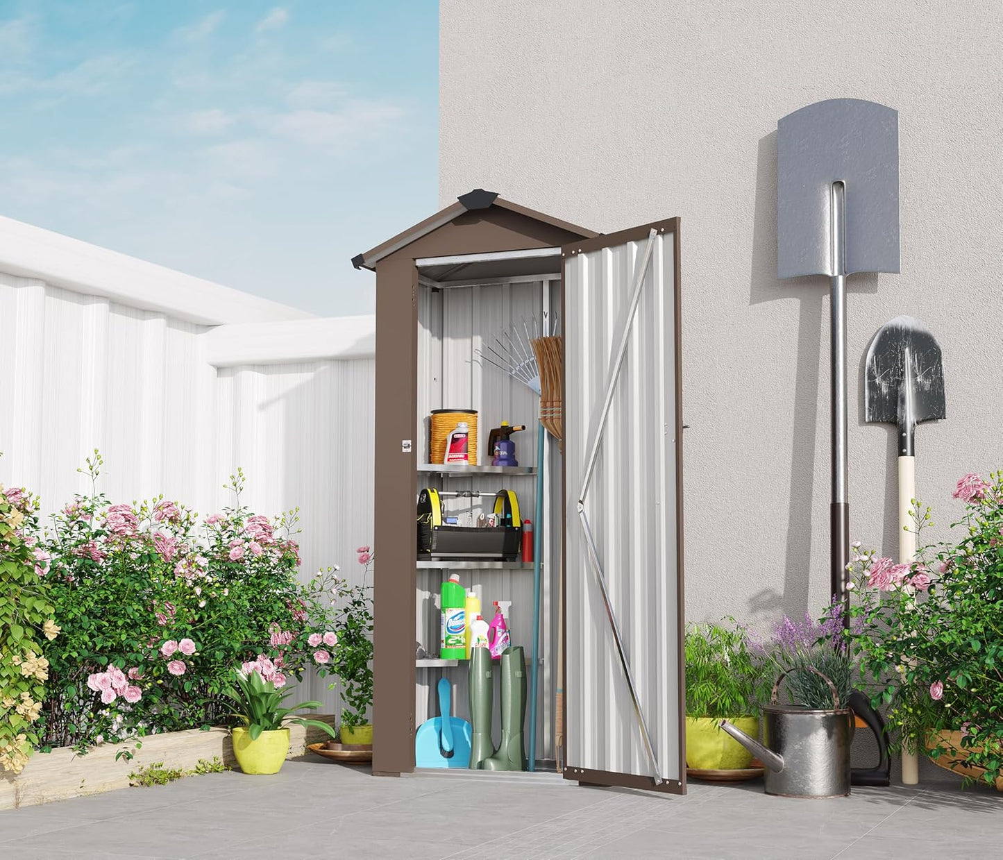 2.5x1.4 FT Outdoor Storage Shed, Small Metal Garden Shed with Adjustable Shelves, Mini Outside Tool Sheds with Lockable Hinged Door, Waterproof Outdoor Storage Cabinet for Backyard, Patio, Lawn, Brown