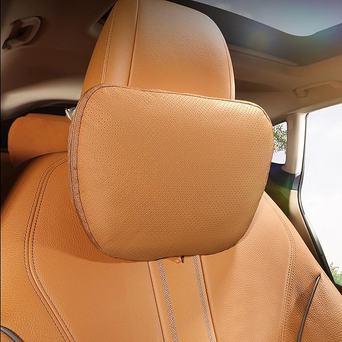 Genuine Leather Car Neck Pillow for headrest,Support Drive Seats Head Cushion,Real Cow Leather,Plant-Based Polyester,Thickness & Height Adjustable,Inner Liner fillable(Orange Brown,1p)
