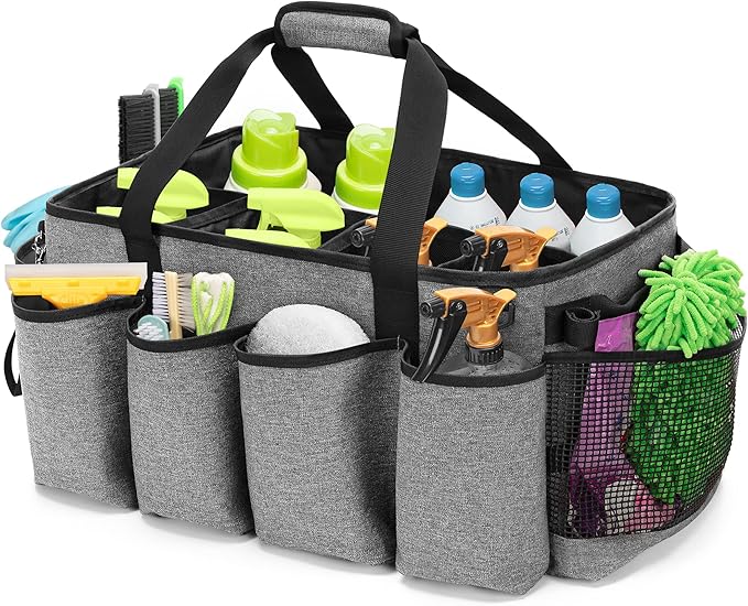HODRANT Extra-Large Cleaning Caddy, Organizer with Handles for Cleaning Tools & Products Storage, Large Capacity Tote Bag for Car, Home & Housekeeping Work, Gray