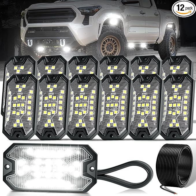 12 Pods Pure White Rock Lights, 6000K Pure White 27 LEDs Super Bright LED Underglow Neon Light, 10m Extension Wire, IP68 Waterproof for Trucks Pickup SUV UTV ATV RZR Car Boats