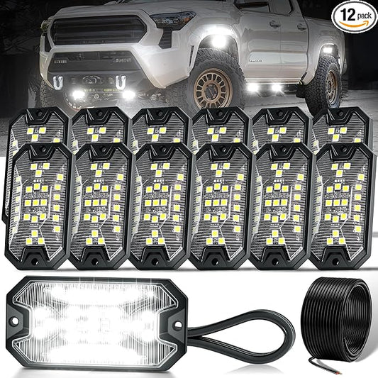 12 Pods Pure White Rock Lights, 6000K Pure White 27 LEDs Super Bright LED Underglow Neon Light, 10m Extension Wire, IP68 Waterproof for Trucks Pickup SUV UTV ATV RZR Car Boats