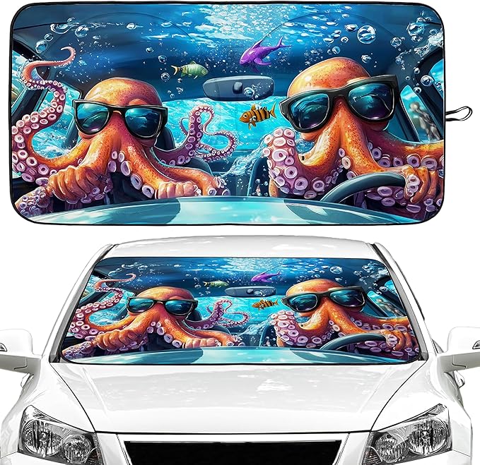 Funny Octopus Car Windshield Sun Shade Foldable Sunshade Front Window Cover Sun Visor Protector Accessories (59x27.5 inches)