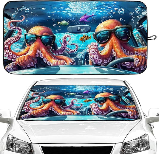 Funny Octopus Car Windshield Sun Shade Foldable Sunshade Front Window Cover Sun Visor Protector Accessories (59x27.5 inches)