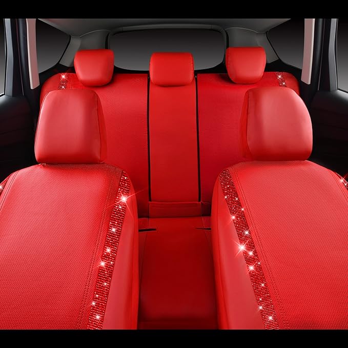 CAR PASS Bling Diamond Car Seat Covers Full Set, Shining Rhinestone Waterproof Faux Leather, Rear with Zipper, Universal Fit Automotive Glitter Crystal Sparkle Strips for Cute Women Girl, Red