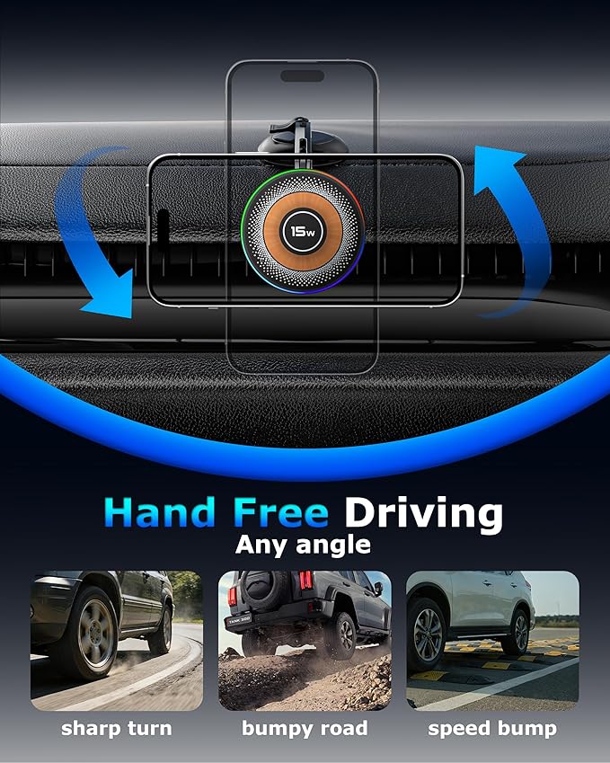 ZBF Magnetic Wireless Charging Car Phone Holder with 15W Fast Charging & Strong Vacuum Suction, 360° Rotatable Dashboard & Windshield Mount for Magsafe iPhone 17/16/15/14/13 Android Galaxy S24/S23/S22
