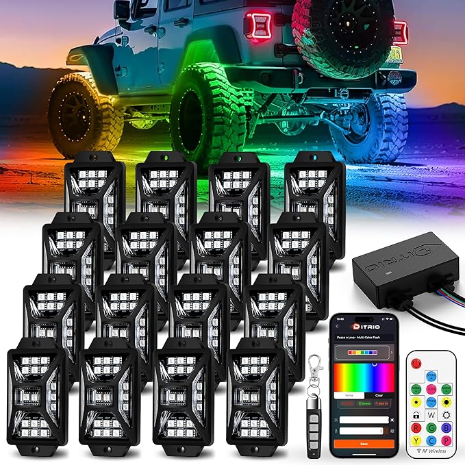 16 Pods Five Sided RGB Rock Lights for Trucks Jeep UTV SUV ATV Golf Cart, Multi Chasing Color App/Remote Control Led Rock Lights with Music Mode, Waterproof Exterior Underglow Kits for Cars(Patented)