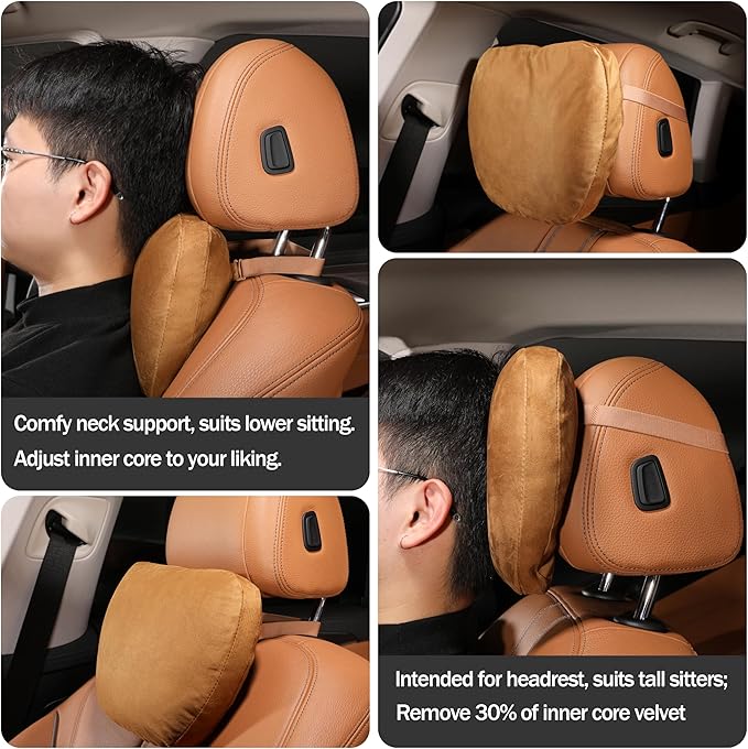 Genuine Leather Car Neck Pillow for headrest,Support Drive Seats Head Cushion,Real Cow Leather,11.8x7.5”,Plant-Based Polyester,Thickness & Height Adjustable,Inner Liner fillable(Wine,1p)