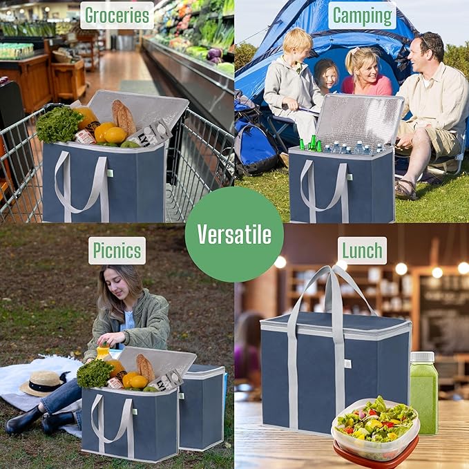 VENO 3 Pack Cooler Bag Insulated Reusable Grocery Shopping Bag, Food Delivery, Heavy Duty, Large Size, Durable Handles, Double Zippers, Lid, Collapsible (Dark Blue, 3 Pack)