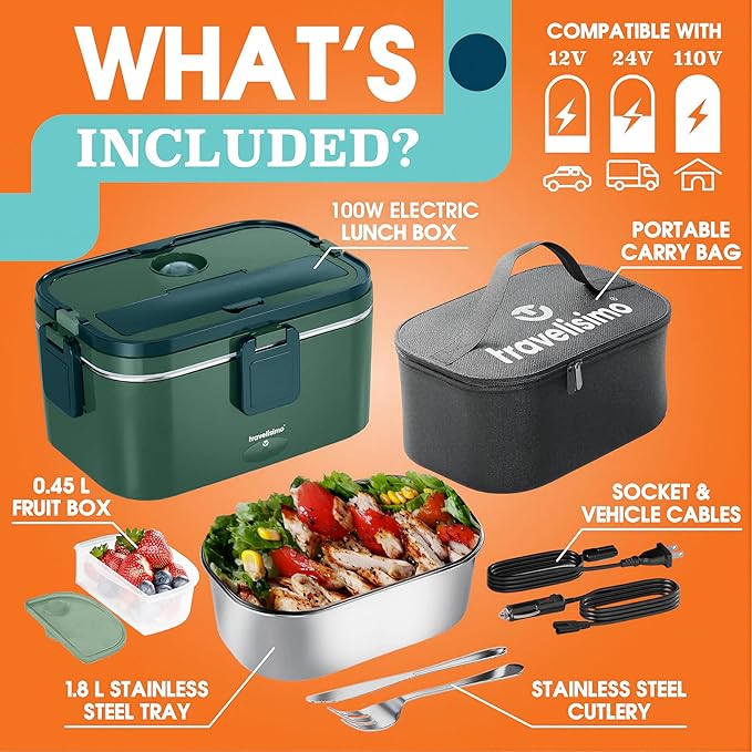 TRAVELISIMO Extra-Large Electric Lunch Box For Adults Holds up to 8 Cups - 100W Heated Lunch Box For Men 1.8L, Portable Food Warmer for Travel & Work, Loncheras Electricas Para Calentar Almuerzo
